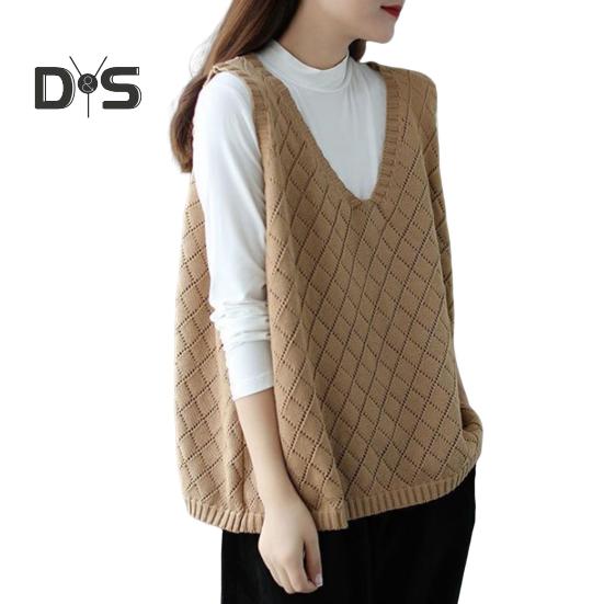 Весна Осень Женский Жилет Вязаный Свитер Ретро V-образный Вырез Свободный Без Рукавов Однотонный Пуловер Ажурный Ромбовидный Текстурный Топ Повседневная Одежда