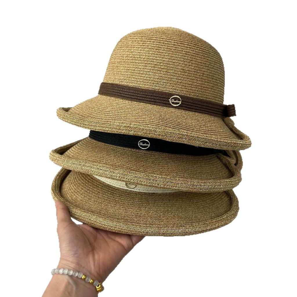 New dome straw bucket hat women's summer seaside vacation sunshade straw hat French top hat sun protection hat