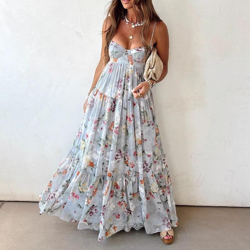 Fashion Floral Print Straps Summer Dresses Women Sexy V Neck Hollow Hem Long Dress Casual Backless Buckle Loose Bohemian Dresses