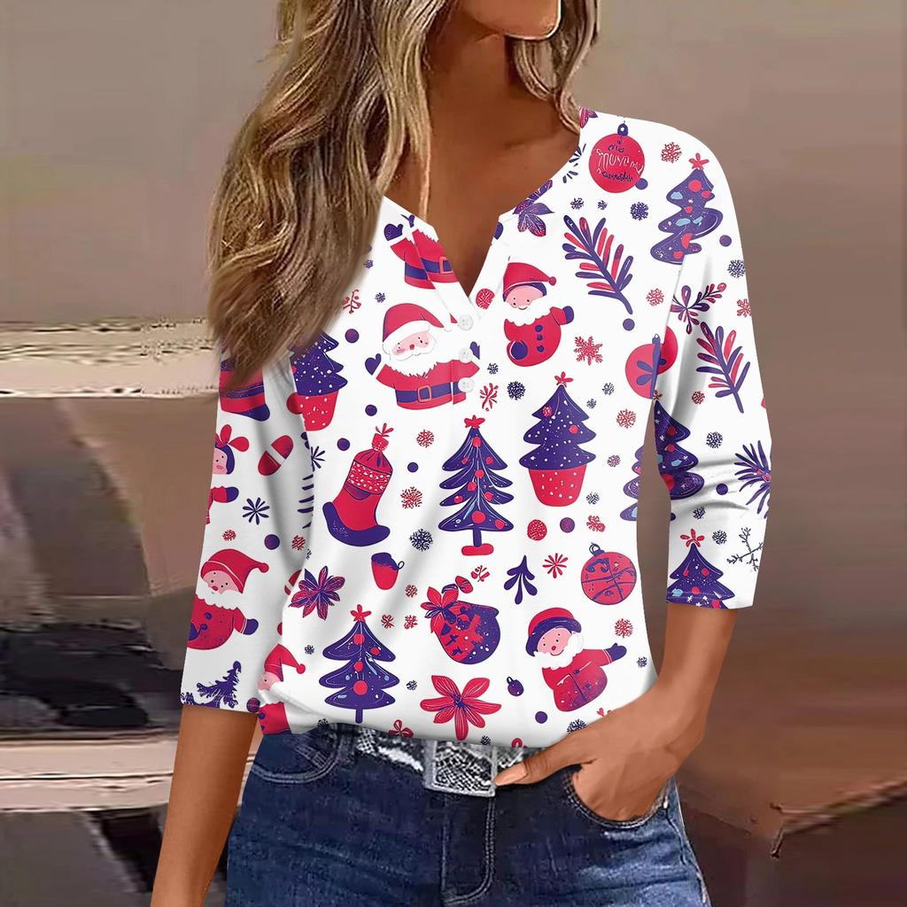 Women's T Shirt Christmas Print Button 3/4 Sleeve Daily Weekend Fashion Basic V- Neck Regular Top