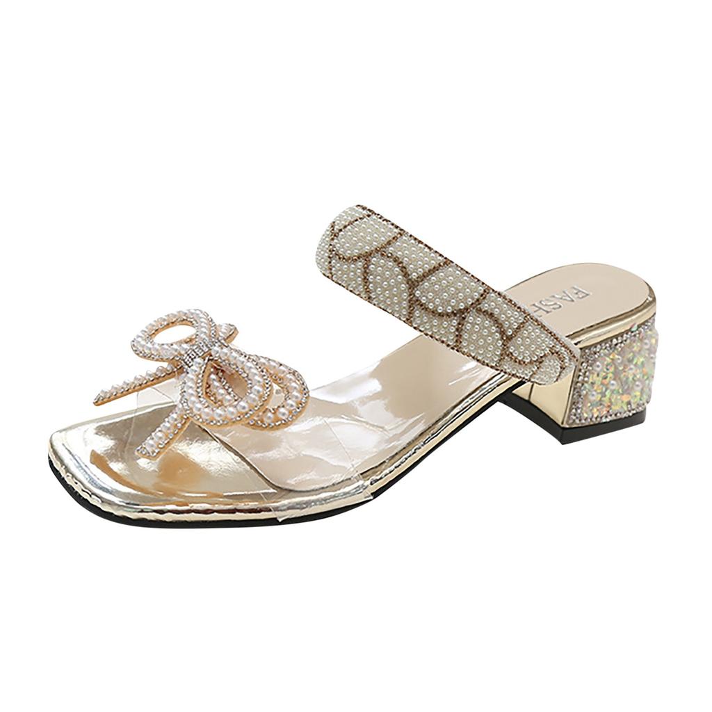 Сандалии и тапочки с бриллиантовым бантом для женщин, босоножки на толстом каблуке, тапочки, большие размеры, высокие каблуки, сапоги для женщин, сексуальные