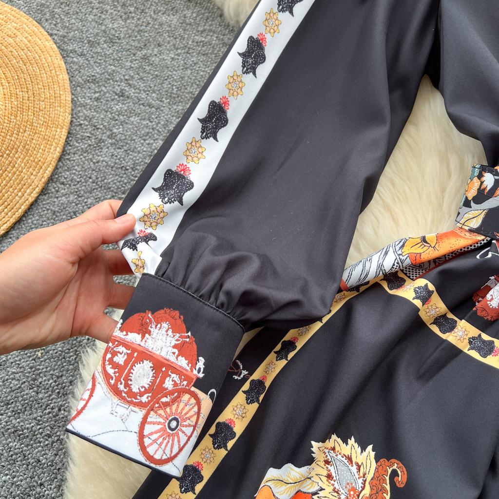 Весна-лето Женские дизайнерские винтажные принты Подиумные платья с отложным воротником Длинное макси-платье-рубашка с поясом