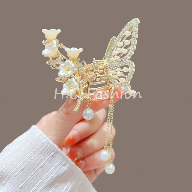 Tassel Butterfly Pearl Hair Clip Women Hair Claw Hairpin Hair Crab Hairaccessory