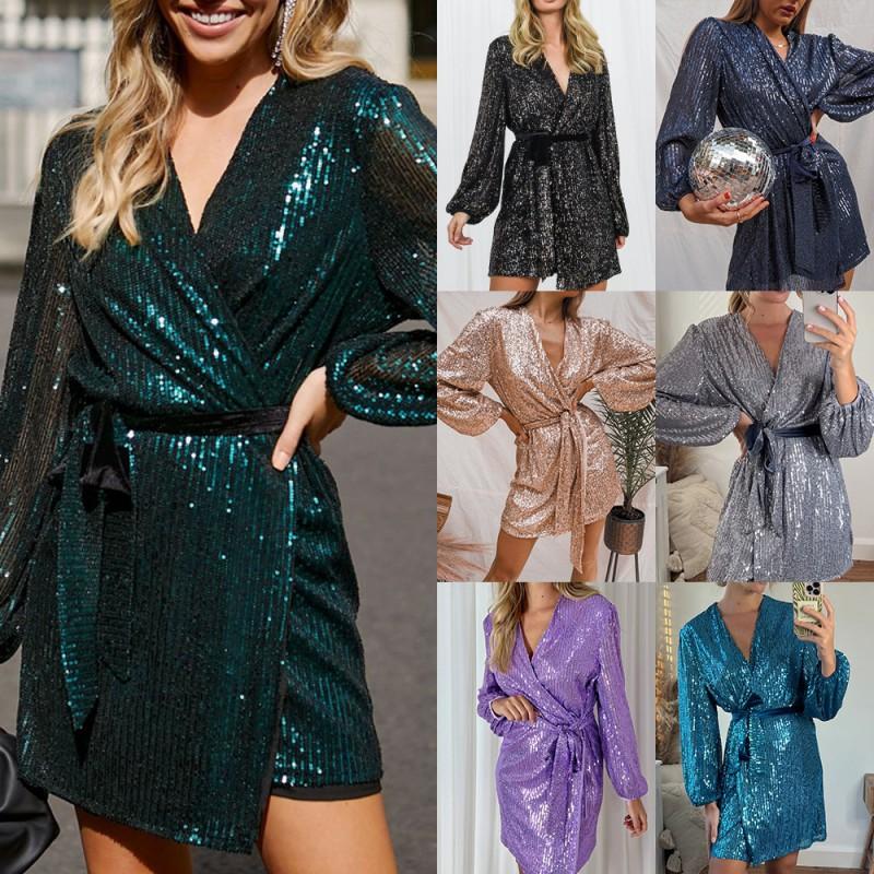 Sparkly Mini Wrap Dress Women V-Neck Long Sleeve Puff Party Outfit Short Skirt