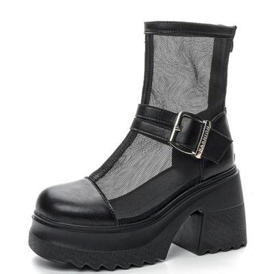 Модные 10 см новые дышащие мотоциклетные ботильоны из натуральной кожи, модные сандалии, летние женские полые ботинки для женщин 2024