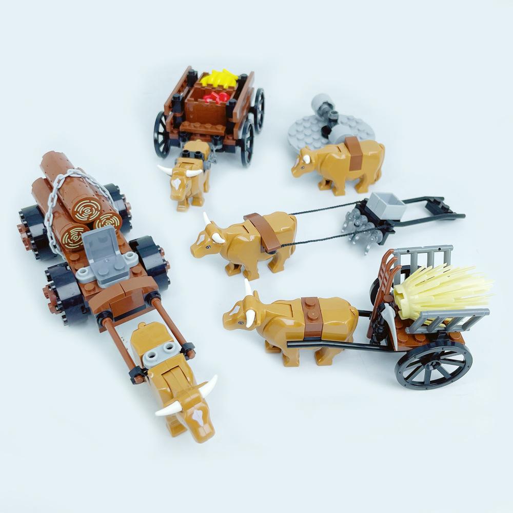 Building Toy Set - Animal Moc Farm Scene With Plowing Bull - Educational Construction Blocks For Kids