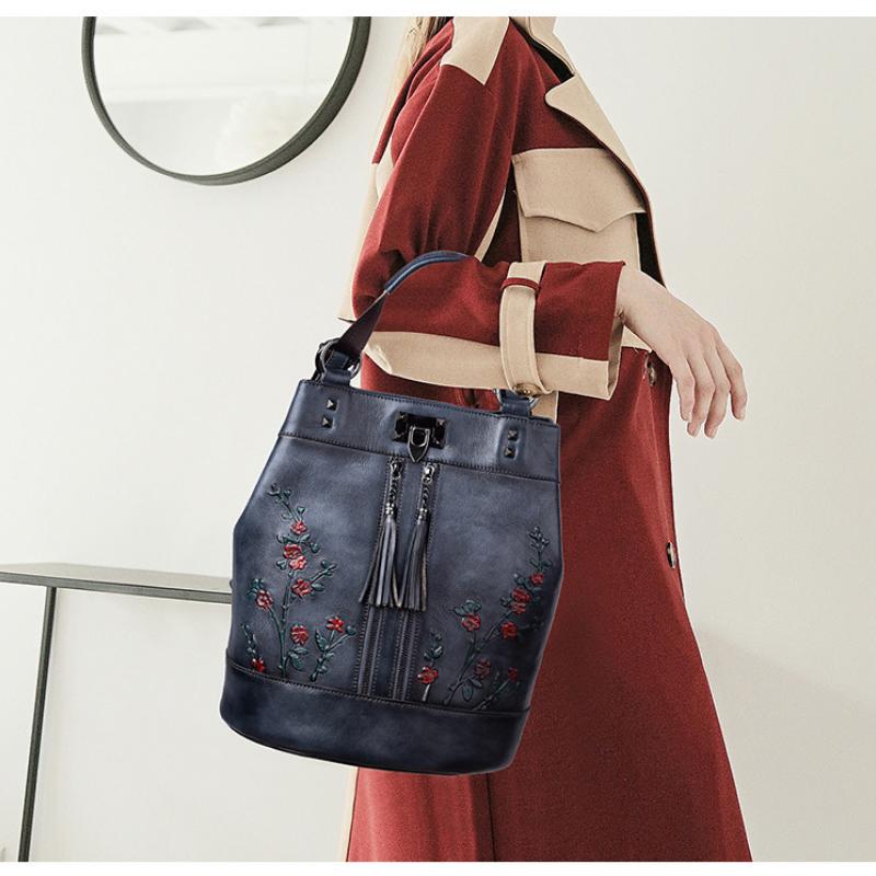 Johnature Винтажный женский рюкзак из натуральной коровьей кожи, дорожная сумка, большая вместительная женская сумка на плечо с тиснением ручной работы