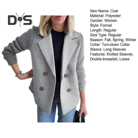 Women Coat Knitted Sleeves Patchwork Double-breasted Turn-down Collar Loose Suit Jacket Formal Business Style Sweater Coat