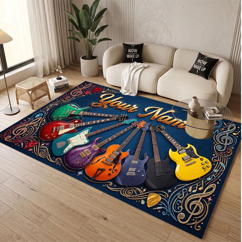 Music Guitar Theme Soft Crystal Velvet Rug Custom Name & Text Print Non Slip Floor Rug for Bedroom Living Room