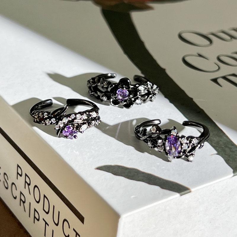 Fashion fried street dark wind flower black vine purple diamond personalized opening ring genderless wind cross-border punk ring tide