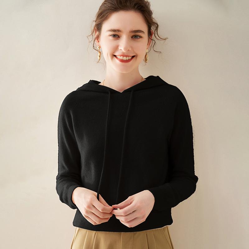 Женский кашемировый свитер с капюшоном - Осенне-зимний, свободного кроя, повседневный, вязаный пуловер с длинным рукавом