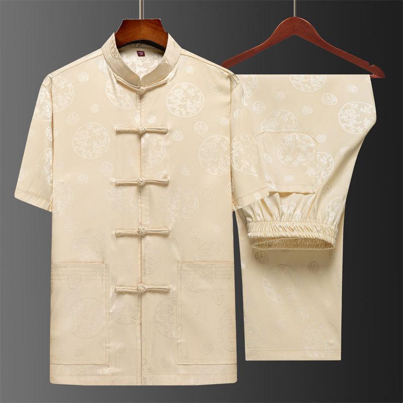 Костюм Тан мужской с коротким рукавом в китайском стиле, костюм для отца, летний костюм, костюм китайского дедушки, мужской