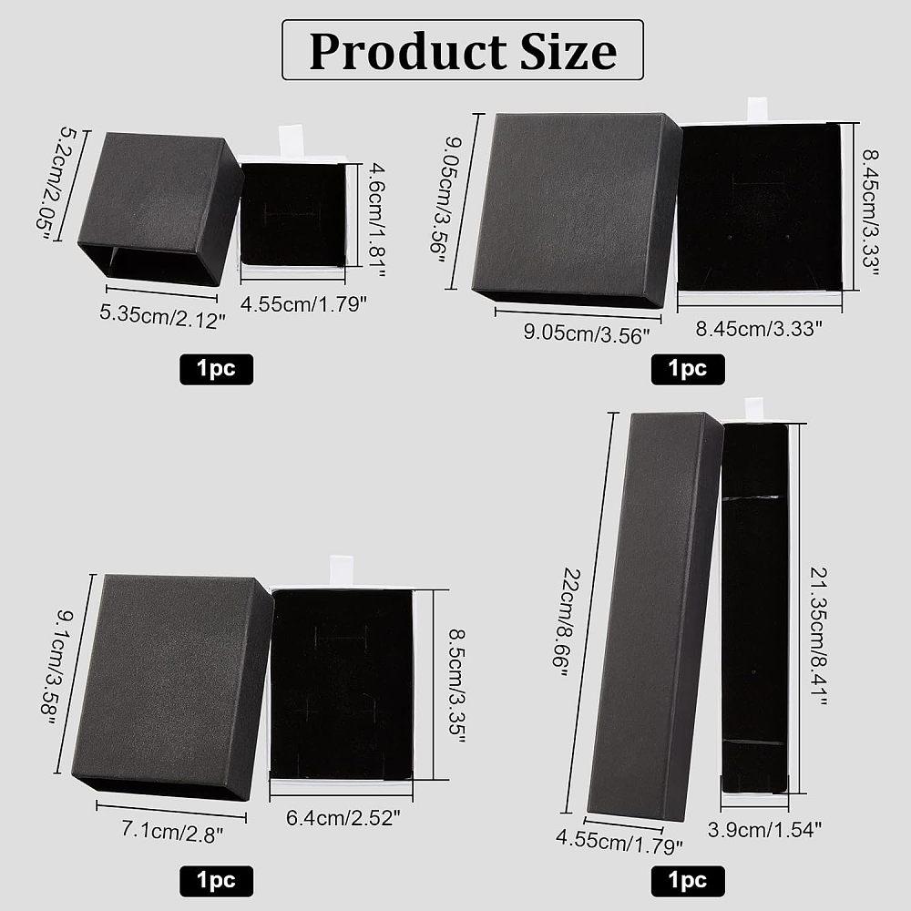 4Pcs 4 Style Cardboard Jewelry Boxes with White Drawers for Anniversaries Weddings Birthdays Black 5.2~22x4.55~9.05x3.05~3.55cm