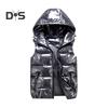 Men Cotton Vest Autumn Winter Hooded Sleeveless Zipper Placket Jacket with Pockets Solid Color Glossy Finish Down Quilted Vest Coat