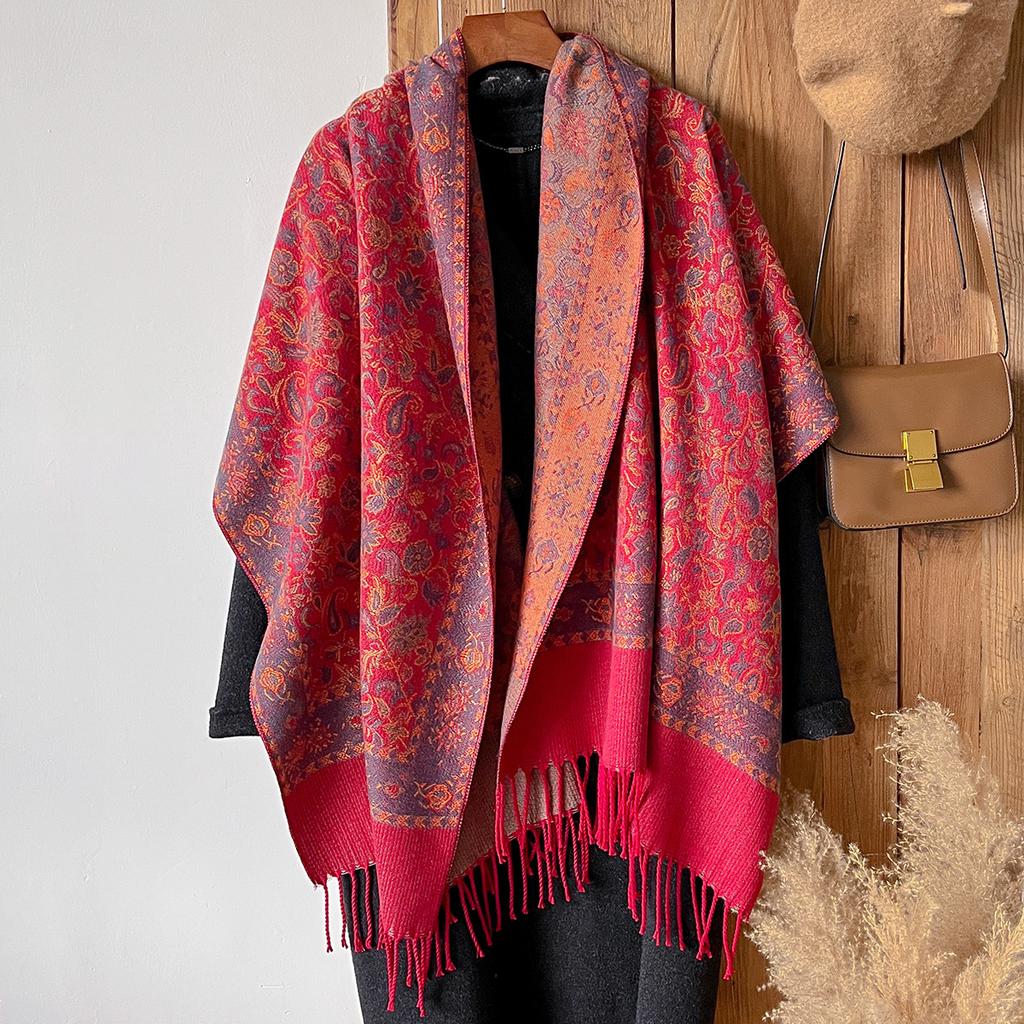 Versatile Retro Flower Pattern Hong Kong Style Imitation Cashmere Women's Warm Scarf Fashion Long Beard Fringed Shawl