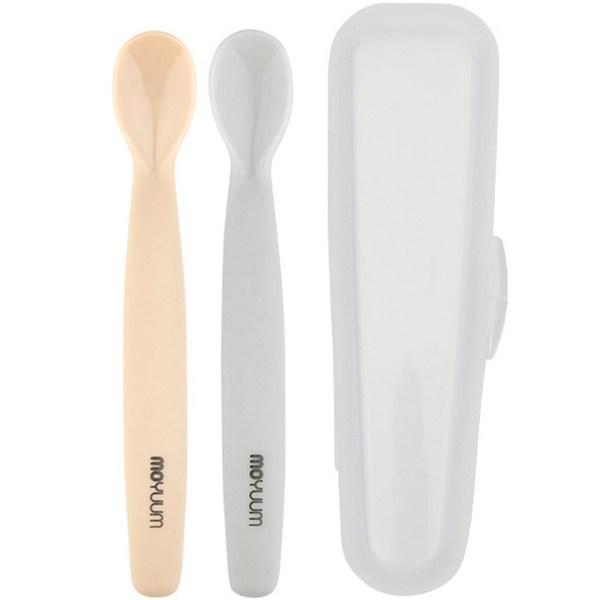 Moyoum Premium Silicone Baby Food Spoons (2 Types) + Case Set, Beige, Gray, 1 Set, Korean Popular Tableware