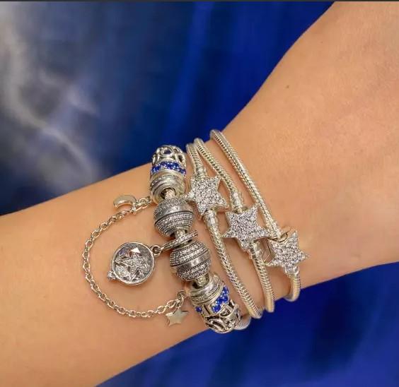 S925 Серебряный асимметричный браслет-цепочка со звездой и застежкой-змеей, подходящий для женского подарка на день рождения с тканевой сумкой