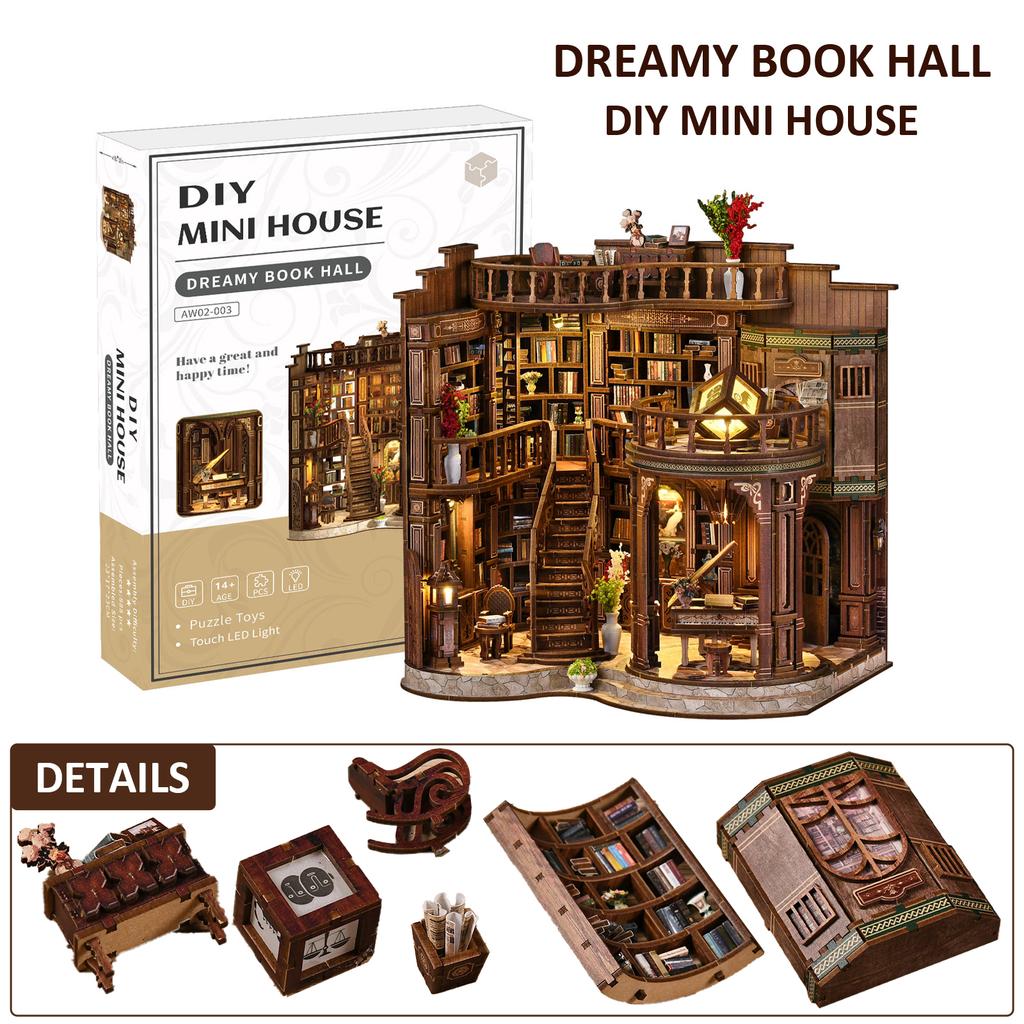 Книжный зал DIY Мини-домик из дерева Вставка для книжной полки Набор 3D-пазл из дерева Набор для творчества Строительные игрушки Декор для книжной полки Игрушки для детей