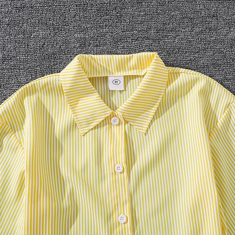 Детская одежда для детей среднего и большого размера Весенняя детская одежда Полосатая рубашка с длинными рукавами в стиле вестерн + брюки Костюм для девочек