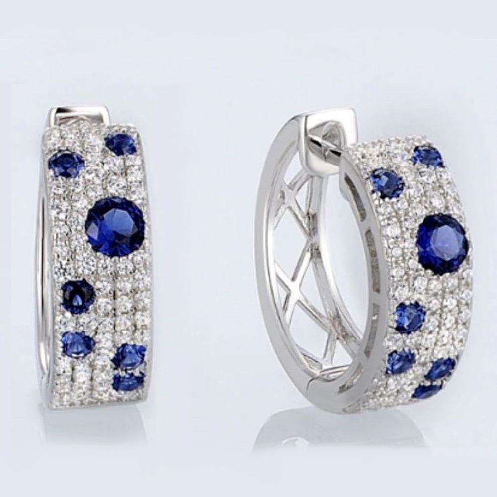 Cao Shi Korean Blue & White Zircon Diamond Earrings: Elegant Round Ear Buckles, Versatile Celebrity Style