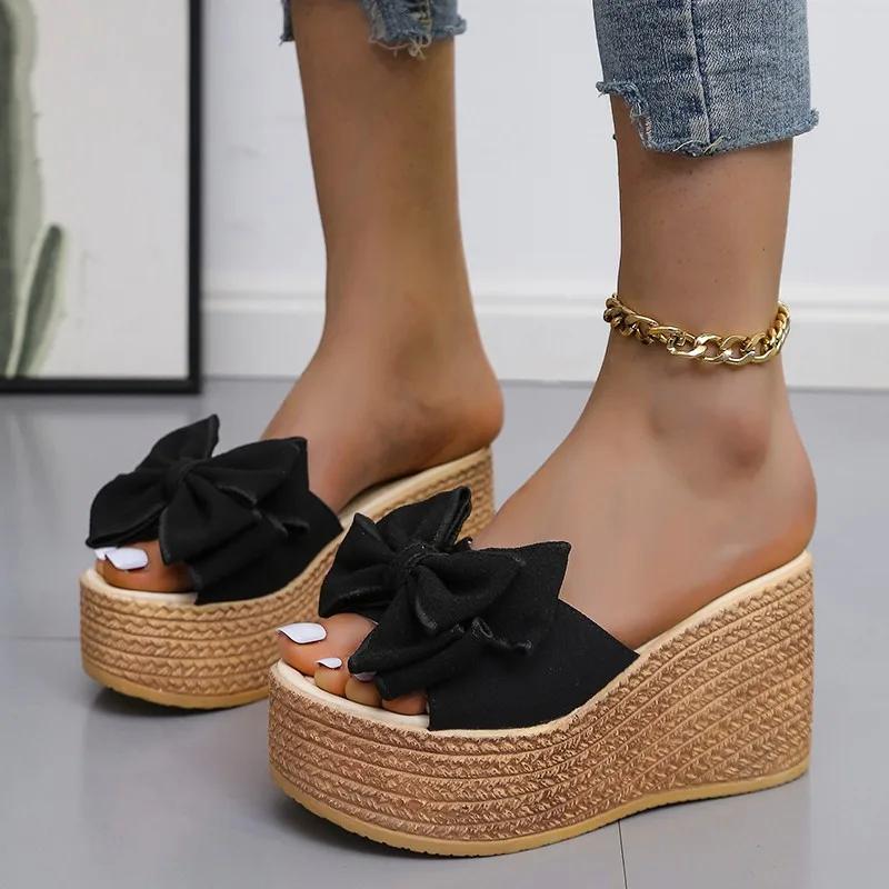 2024 Hot Seller Women Slippers Fashion Toe Summer Shoes Butterfly-knot High Heels Women Slides Platform Wedges Ladies Women Shoe