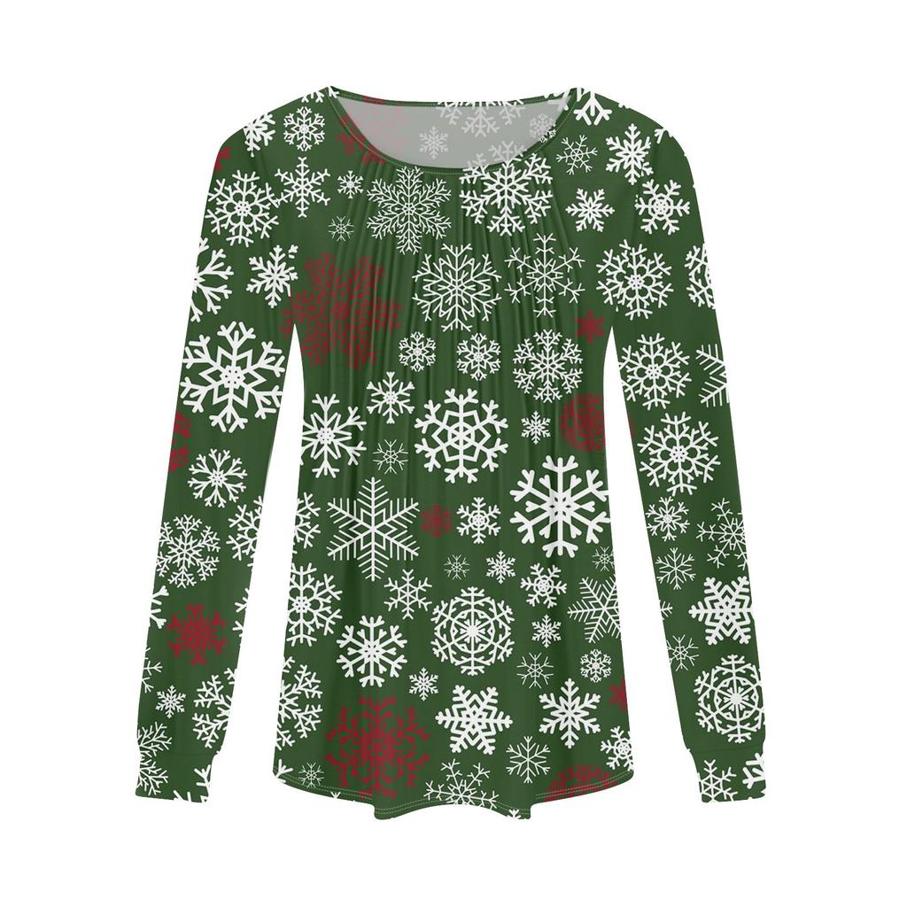 Женская повседневная футболка с круглым вырезом и длинными рукавами с рождественским принтом и складками