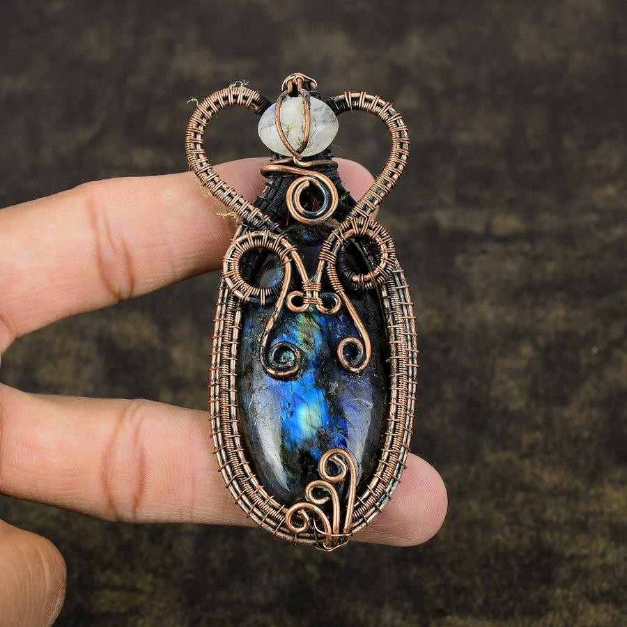 Labradorite, Moonstone Copper Wire Wrap Jewelry Pendant 3.47" M1i51