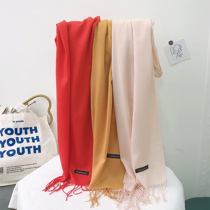 Solid Color Hijabs Cashmere Like Scarf Women Winter Warm Long Shawls And Wraps Hijab Scarves Pashmina Tassels Thin Headband