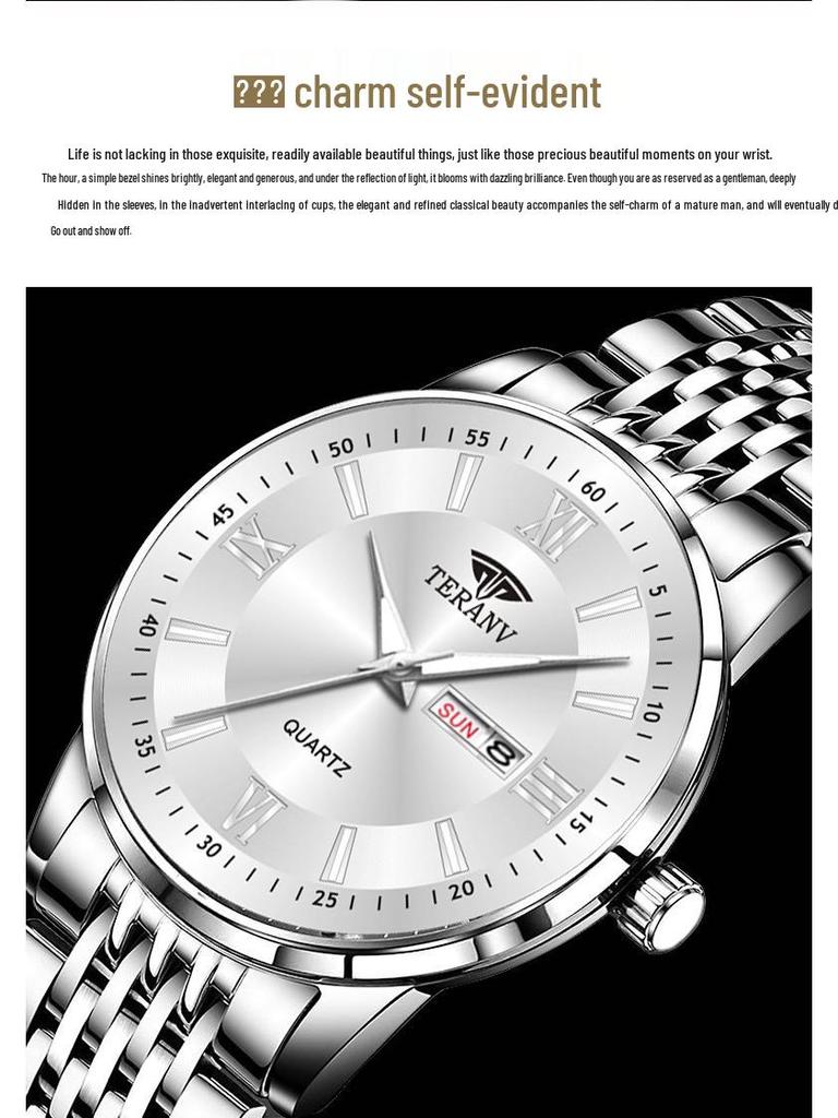 Butterfly Clasp Men's Ultra-Thin Luminous Stainless Steel Dual Calendar Waterproof Quartz Watch