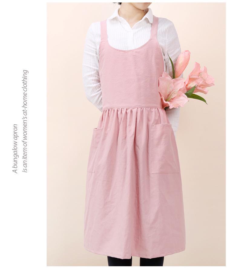 Korean Style Artistic Cotton Linen Long Kitchen Apron for Women