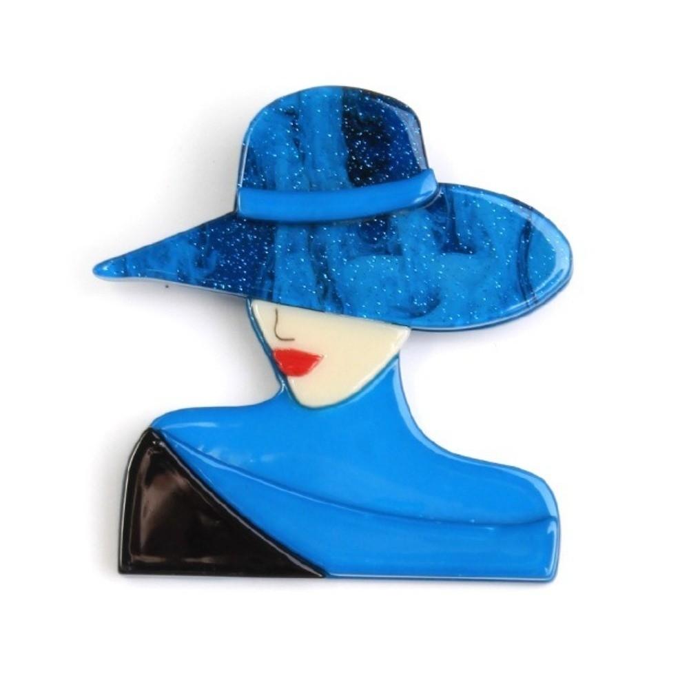 Cartoon Women Portrait Pin Large Modern Girls Badge Lady with Hat Brooch Clothing Accessories