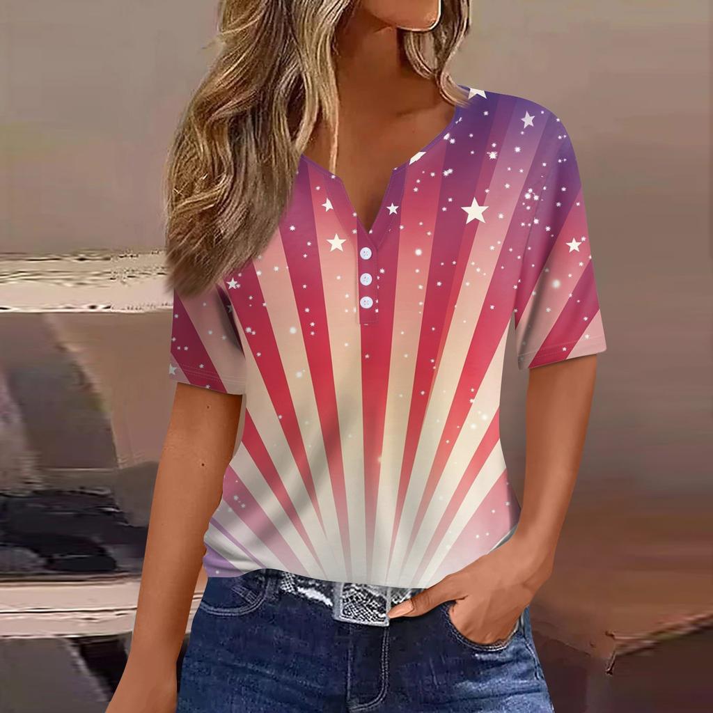 Жен. Футболка С принтом Пуговицы С короткими рукавами Повседневные Выходные Мода Классический V-образный вырез Обычный Верх