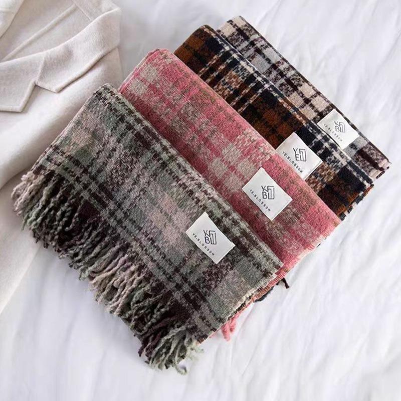 Plaid Scarf Women's Atmosphere Warm New Dry Rose Powder Autumn and Winter White Soft Fringed Shawl Scarf
