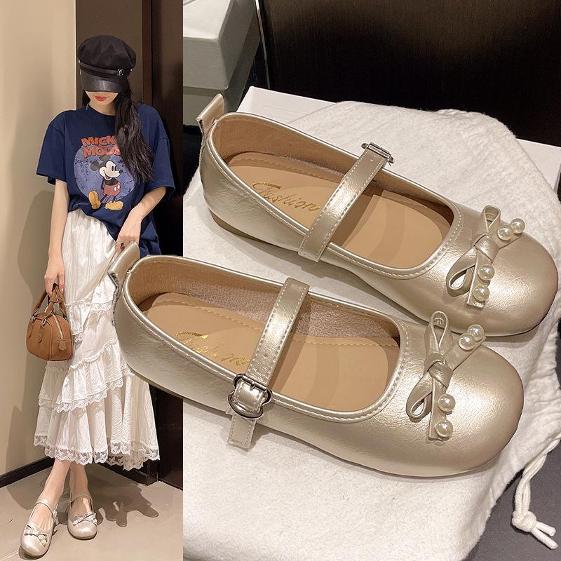 Нежные туфли Мэри Джейн с круглым носком и французским бантиком, женские, лето 2025, новая коллекция, на низком каблуке, удобные для повседневной носки, маленькие кожаные туфли