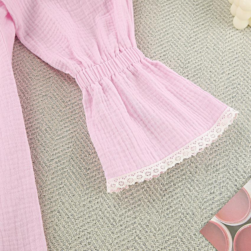 Solid Colour Crepe Cotton Pajamas Long Sleeve Shorts Ruffle Two Piece Set Homewear Ladies