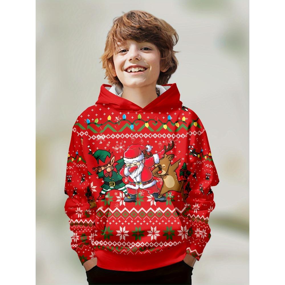 Детская смешная рождественская толстовка, свитшот с длинным рукавом с Сантой и оленями, рождественский подарок для мальчиков