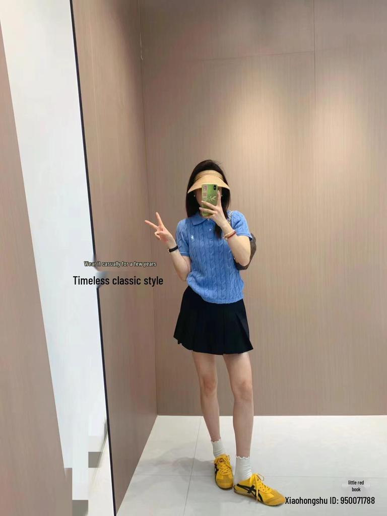 Высококачественный всесезонный классический универсальный вязаный кардиган 25SS с отложным воротником, на двух пуговицах, с вышивкой маленькой лошади, с коротким рукавом