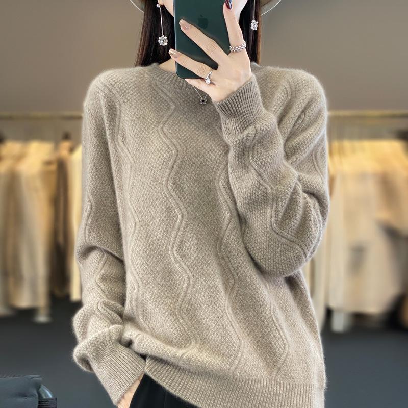 Women's Wave Pattern Wool Sweater - Round Neck, Solid Color, Knitted, Thickened, Loose Fit for Autumn/Winter.