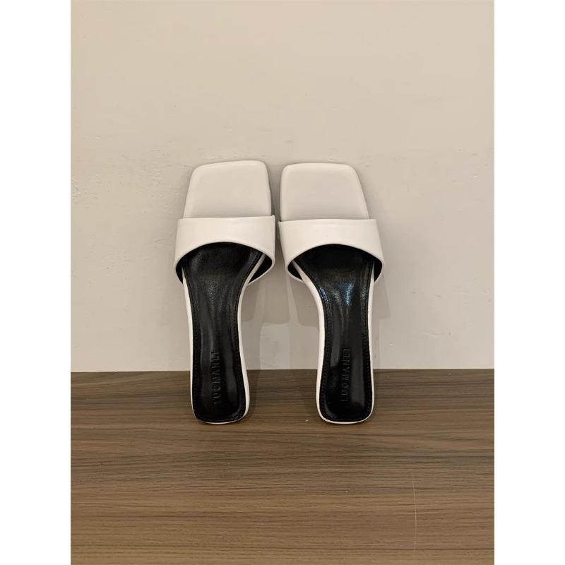 Summer New One-word Silver Half-slippers Women's Thick Heel Simple High-heeled Sandals Square Toe Cool Slippers