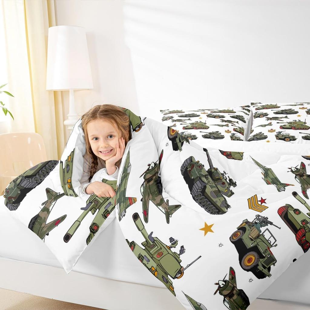 War Theme Set Full Size Aircraft Tanks Bedding Set for Kids Boys Bedroom Decor Retro Army Green Airplane Tanks Soft Polyester
