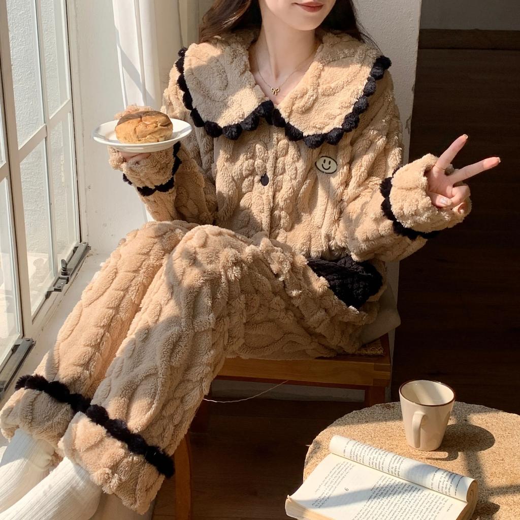 Пижама женская зимняя толстая коралловая бархатная сладкая и милая пшеничная кукольная воротник принцесса ветер кардиган стиль домашняя одежда которую можно носить