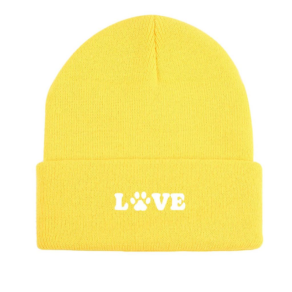 LOVE" Dog Paw Print Print Knit Hat Beanie, Animal Woman Cap Cuff Fit Trendy Gorro Knitted Cap Beanie