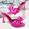 Модные Роскошные Атласные Шелковые Босоножки-Мюли с Бантом Женские Шикарные На Высоком Каблуке с Острым Носком на Шпильке Шлепанцы Дамские Элегантные Вечерние Туфли для Вечеринки
