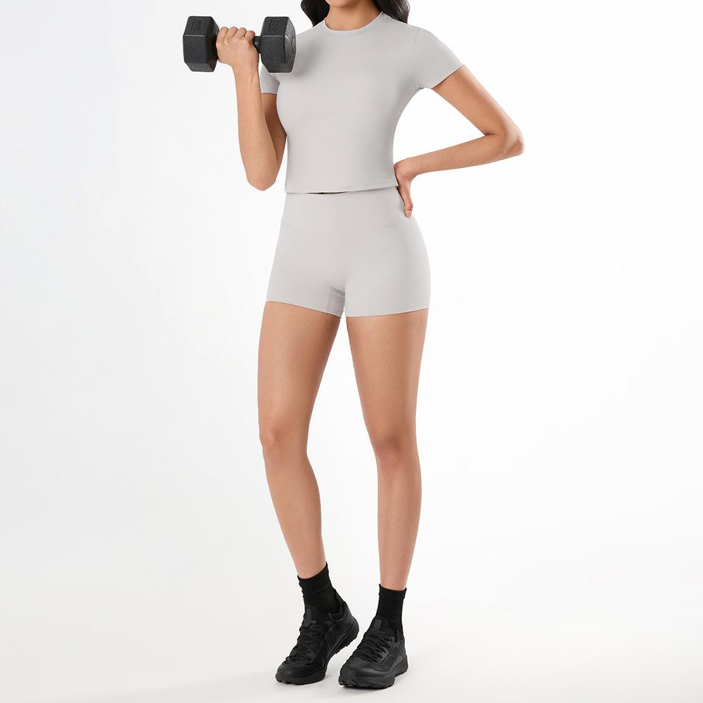 Short nude yoga clothes tight running sports top Pilates fitness short-sleeved T-shirt women's YG-1011