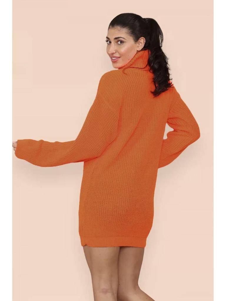Women's Knitted Turn-Down Collar Sweater Dress - Loose Mid-Length Solid Color Pullover