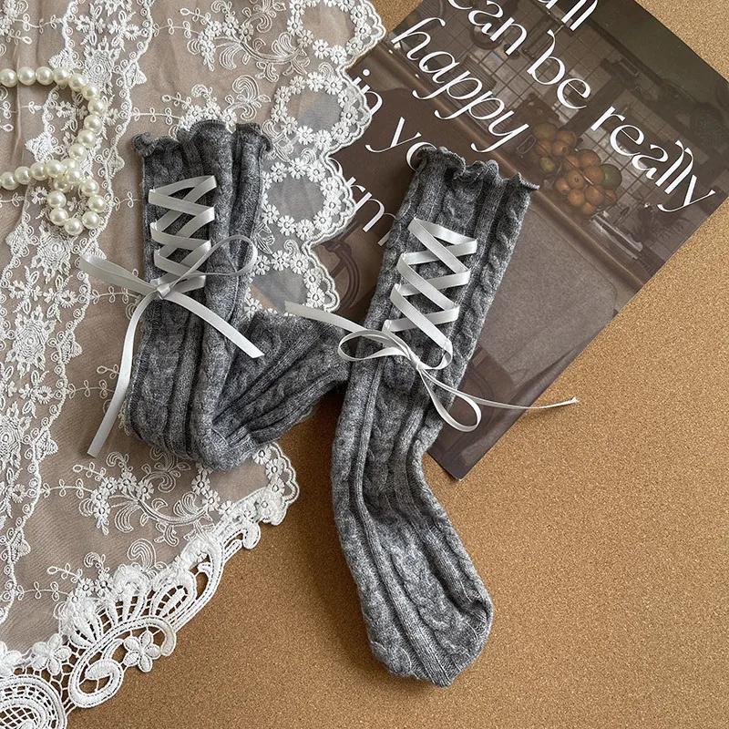 1 Pair Fashion Design Kids Girl Sock Korean Lace Bow Ribbon Ruffle Calf Sock for Children Autumn Spring Wool Cashmere Sock