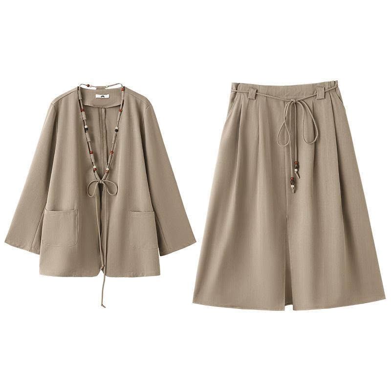 Новый стильный комплект с V-образным вырезом, состоящий из пиджака и юбки, для женской одежды больших размеров на весну и осень