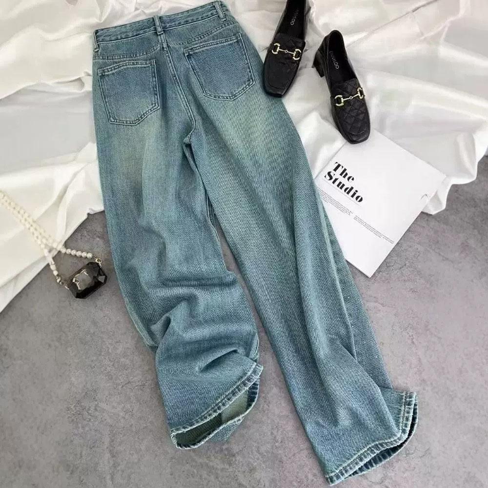 Retro Washed Diamond-encrusted Jeans Women's Spring Design Sense High-waisted Straight-leg Pants Loose Wide-leg Mopping Pants