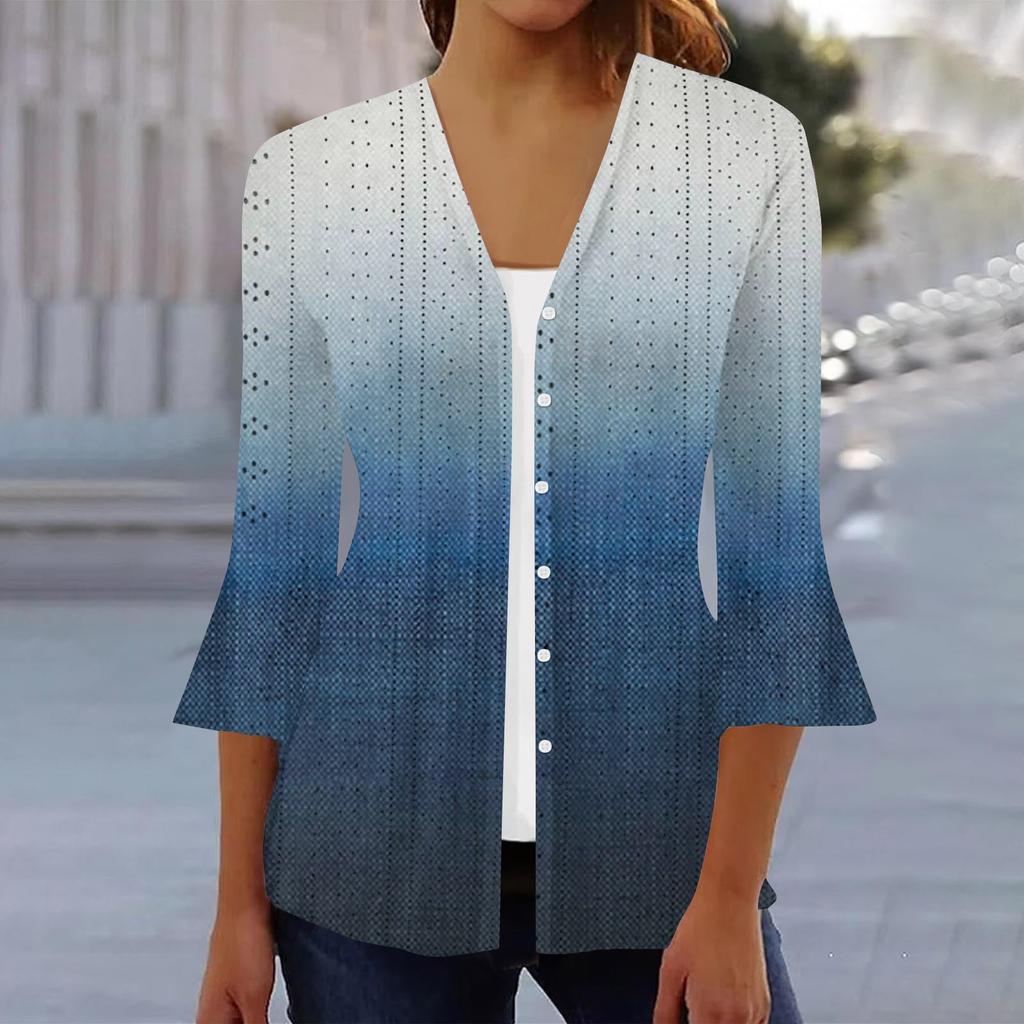 Женская мода свободный повседневный принт с рукавом три четверти рубашка на пуговицах кардиган топ