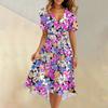 Women's Summer Fashion V-Neck Flared Dress Short Sleeve Floral Dresses